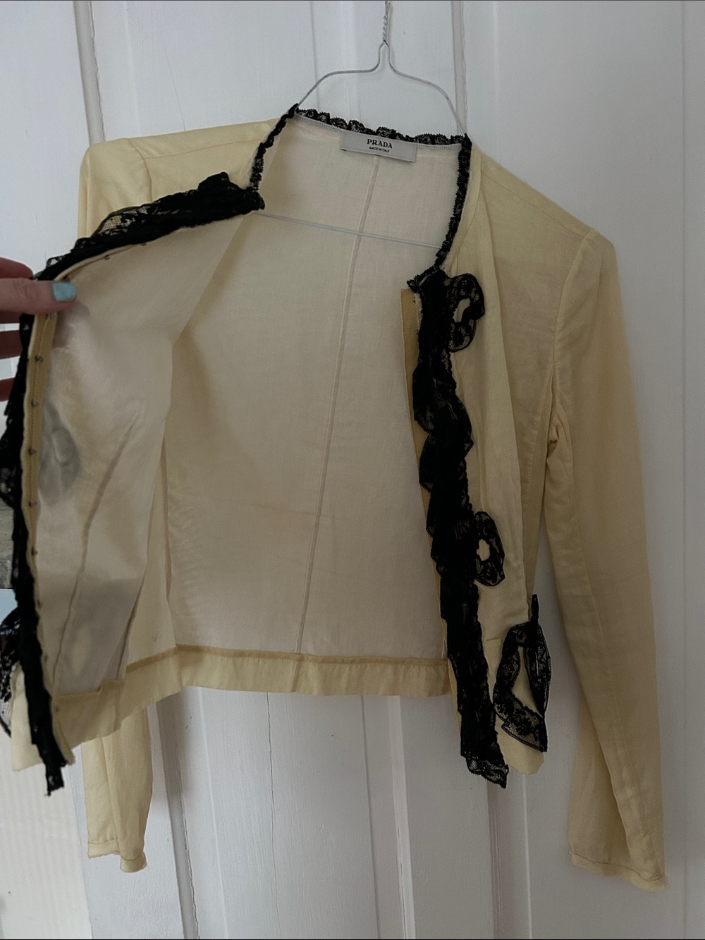 Prada Cream Jacket with Black Lace Trim and Bow - Picture 3 of 5